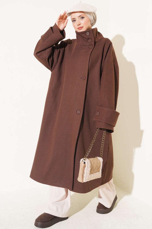 Brown Oversized Button-Up Wool Coat With Wide Collar