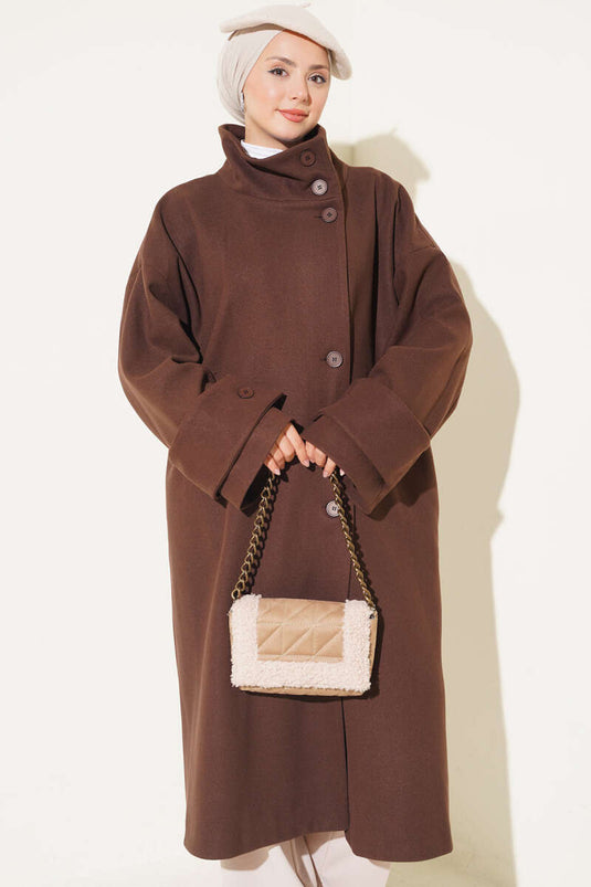 Brown Oversized Button-Up Wool Coat With Wide Collar