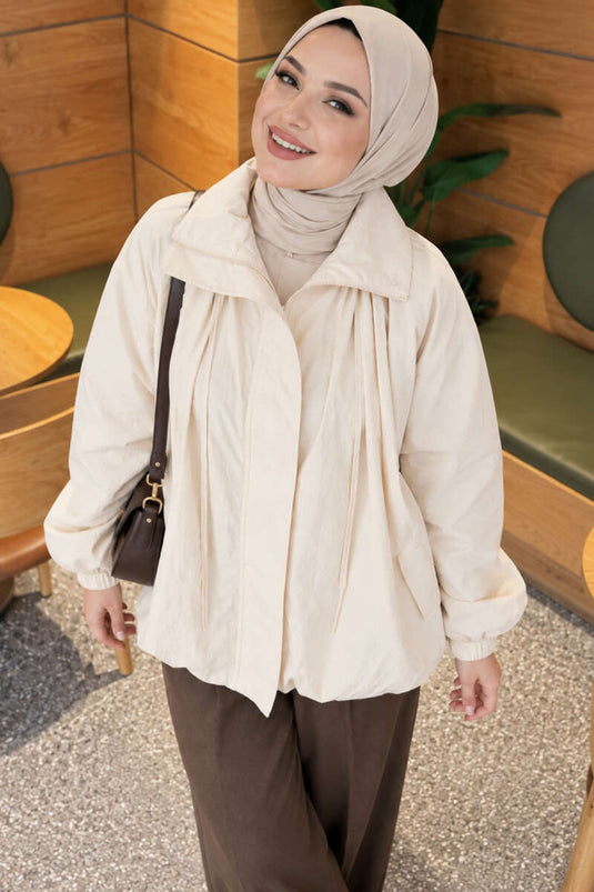 Ecru Zip-Up Bomber Jacket With Stand Collar