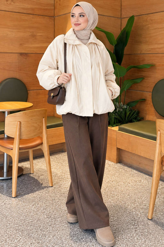 Ecru Zip-Up Bomber Jacket With Stand Collar