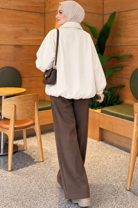Ecru Zip-Up Bomber Jacket With Stand Collar