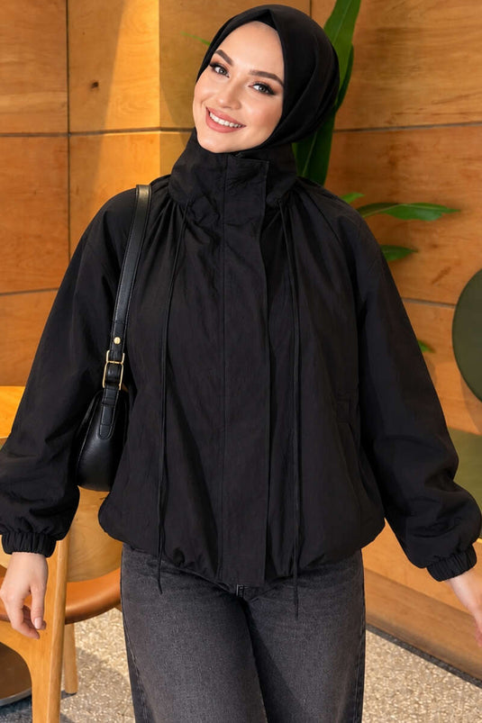 Giacca Bomber Nera Con Zip E Colletto Alto