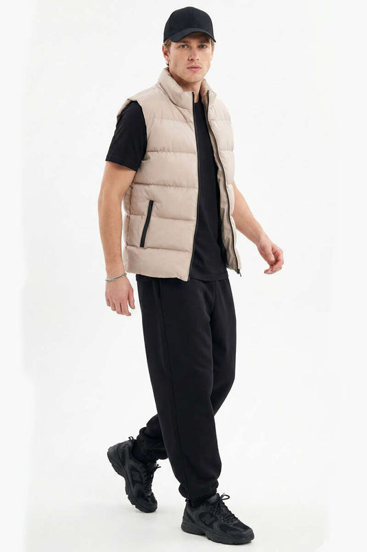 Dik Yaka Fermuarlı Erkek Şişme Mont Bej