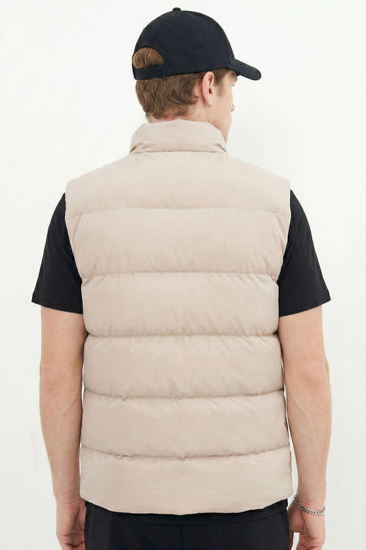 Dik Yaka Fermuarlı Erkek Şişme Mont Bej