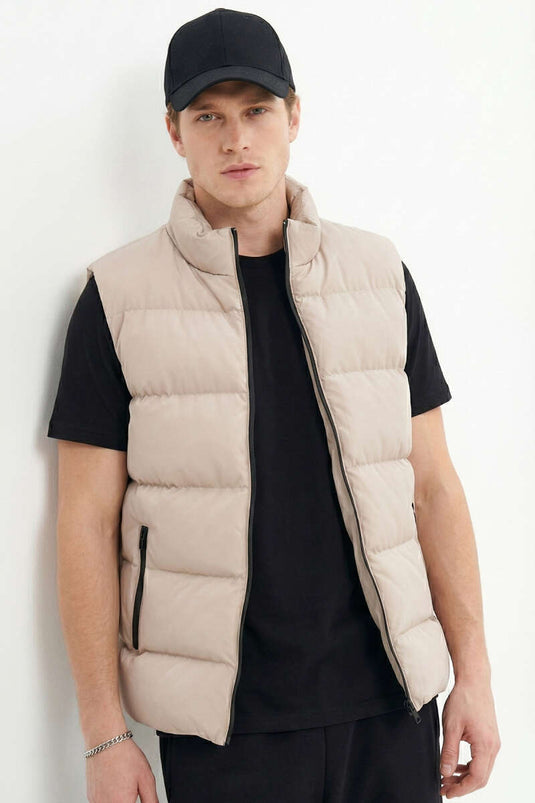 Dik Yaka Fermuarlı Erkek Şişme Mont Bej