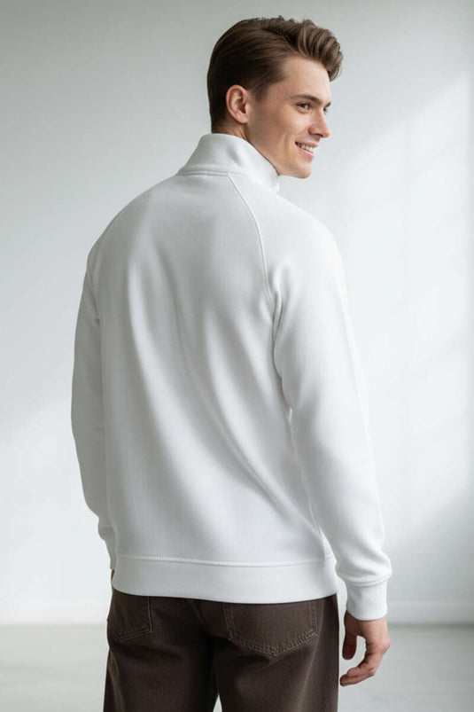High Collar Zippered Men's Sweatshirt White