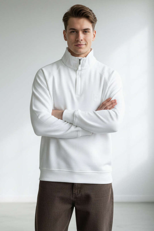 High Collar Zippered Men's Sweatshirt White