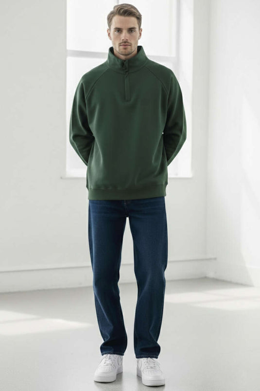 Dik Yaka Fermuarlı Erkek Sweatshirt Nefti