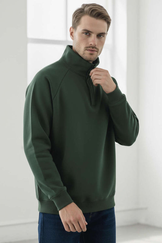 Dik Yaka Fermuarlı Erkek Sweatshirt Nefti