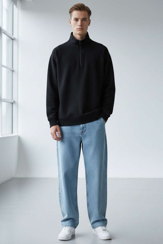 High Collar Zippered Men's Sweatshirt Black