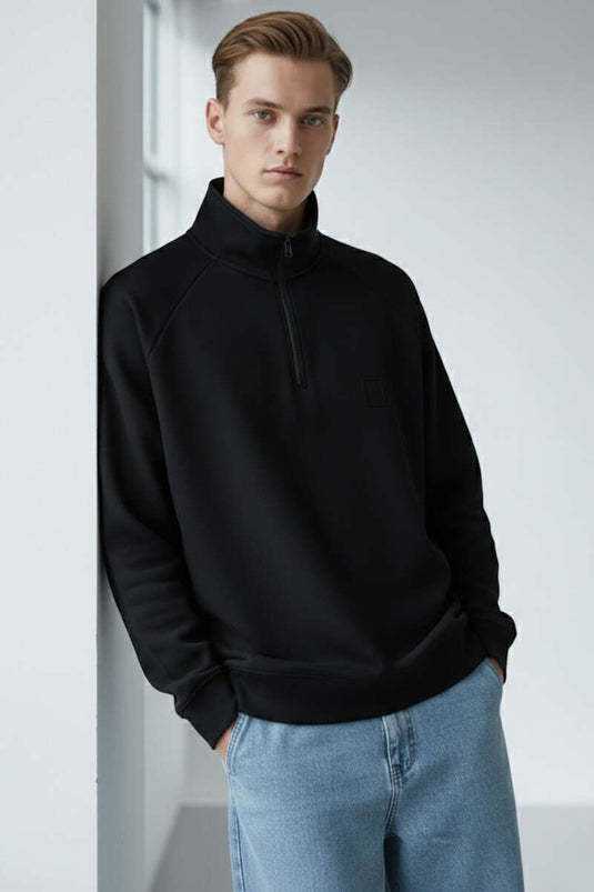 High Collar Zippered Men's Sweatshirt Black