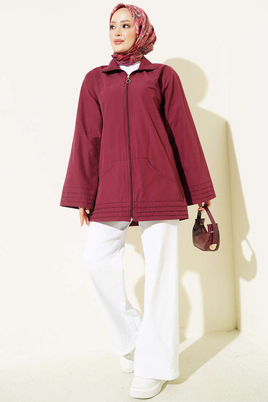 Cappotto Bordeaux Con Zip E Collo Alto
