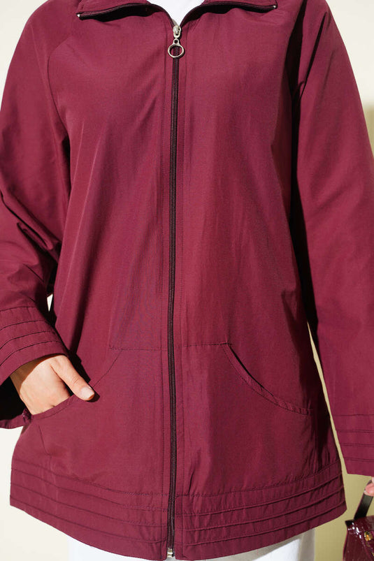 Cappotto Bordeaux Con Zip E Collo Alto