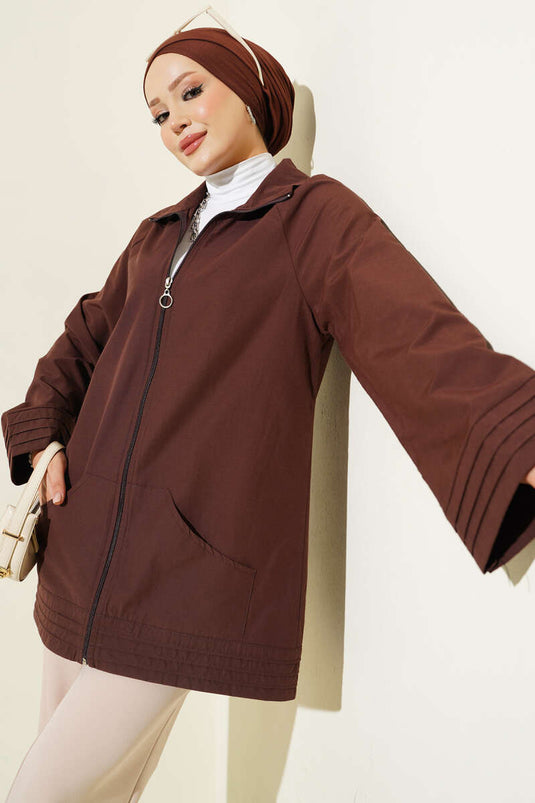 Cappotto Marrone Con Zip E Cappuccio