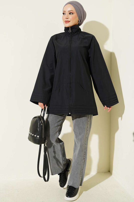 Cappotto Nero Con Zip E Collo Alto