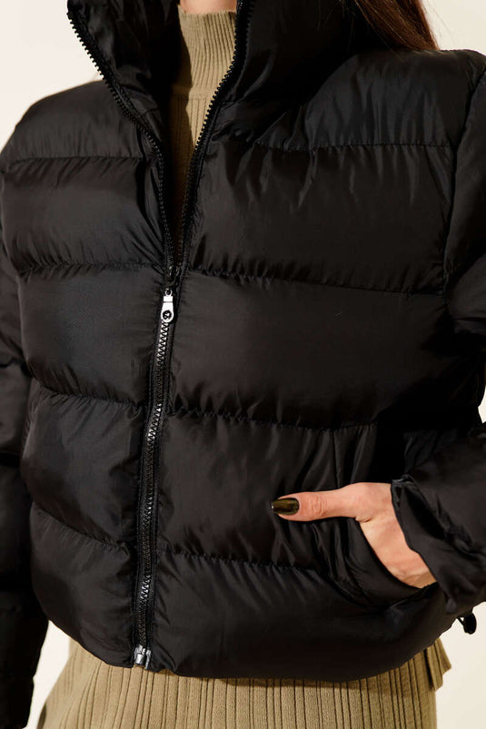 Stand-up Collar Zip-Up Short Puffer Jacket, Black
