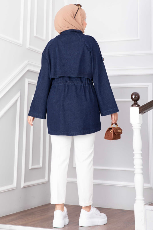 Lange Kragen Reißverschluss Jeansjacke - Marineblauer Trenchcoat