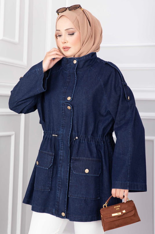 Lange Kragen Reißverschluss Jeansjacke - Marineblauer Trenchcoat