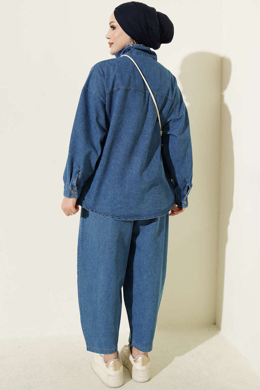 Light Blue Denim Zippered Two-Piece Set With High Collar