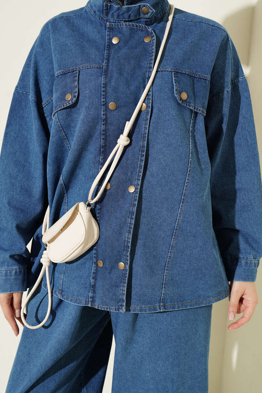 Light Blue Denim Zippered Two-Piece Set With High Collar