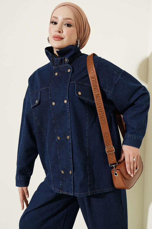 Blue Denim Zippered Two-Piece Set With Stand Collar