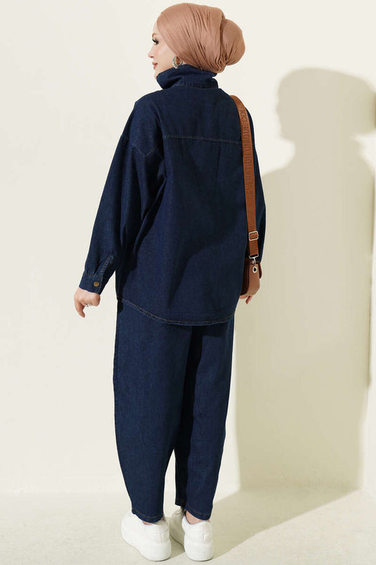 Blue Denim Zippered Two-Piece Set With Stand Collar