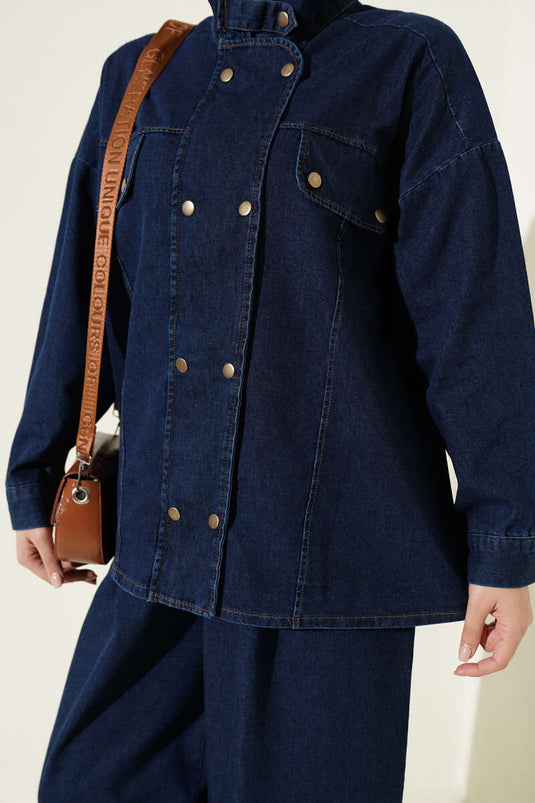 Blue Denim Zippered Two-Piece Set With Stand Collar