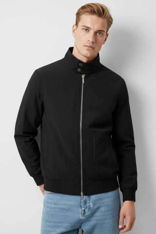 High Collar Zippered Seasonal Men's Coat Black