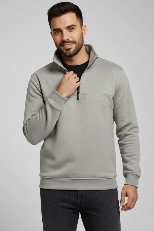 Dik Yaka Fermuarlı Süet Erkek Kazak Gri