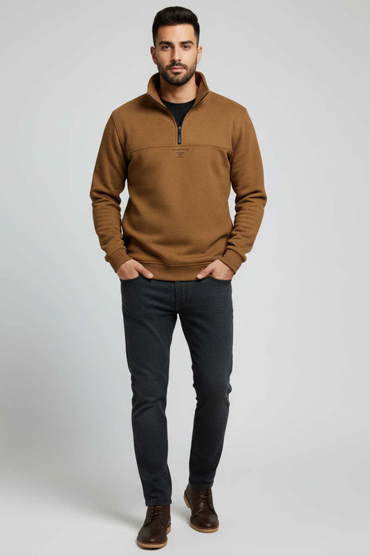 Herren-Wildleder-Sweater mit Stehkragen und Reißverschluss, Braun