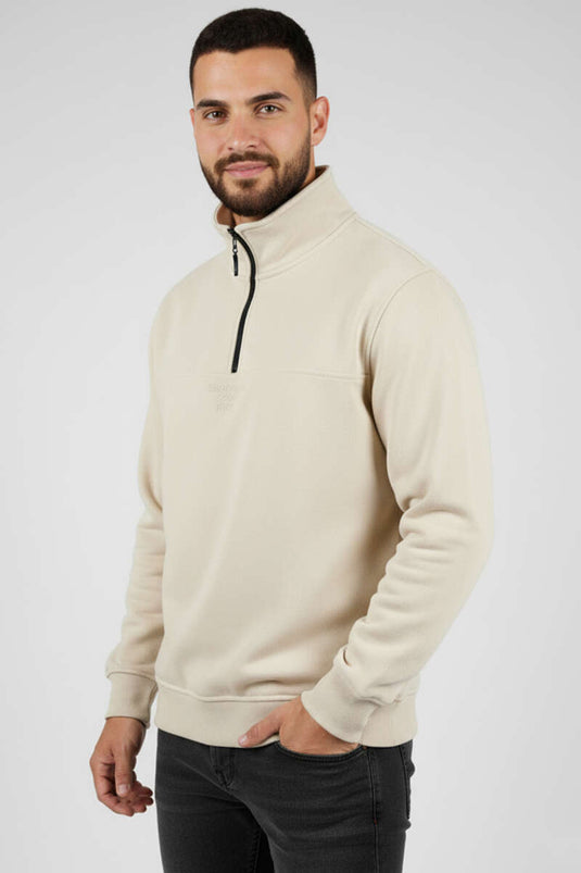 Herrenpullover aus Wildleder mit hohem Kragen und Reißverschluss in Steinfarbe