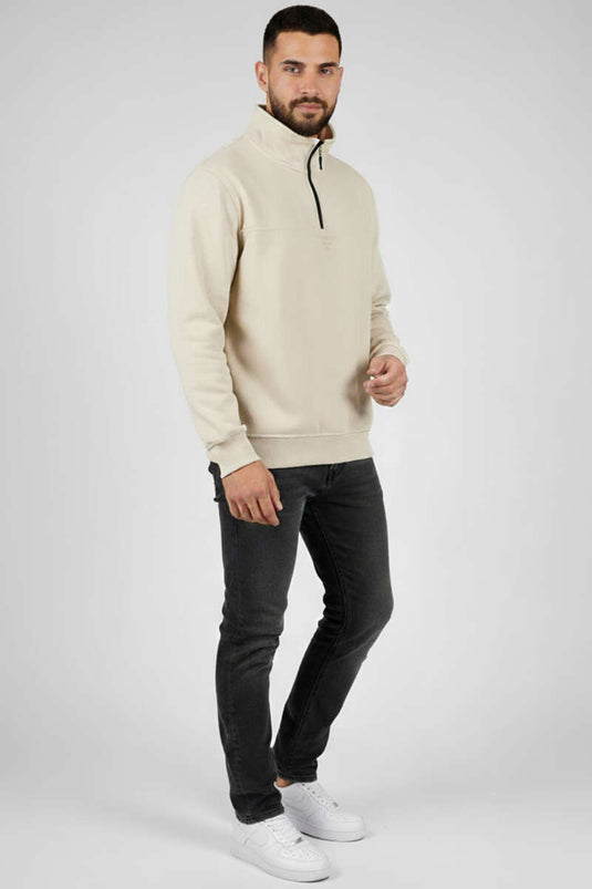 High-Neck Zip-Up Suede Men's Sweater in Stone