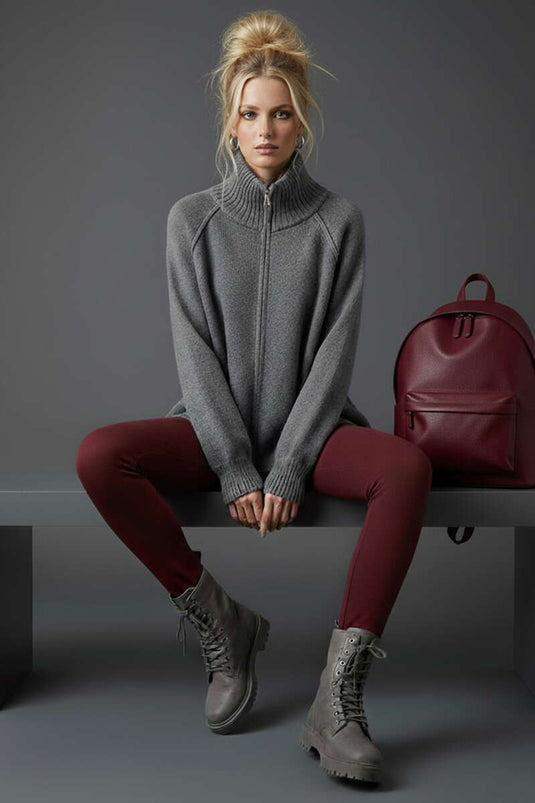 High-Neck Zip-Up Knit Cardigan, Slate Grey