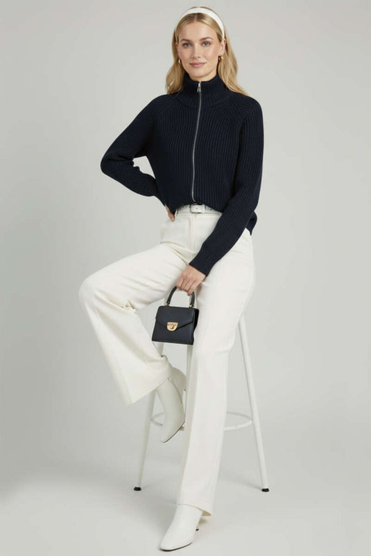 High-Neck Zip-Up Knit Cardigan, Navy Blue