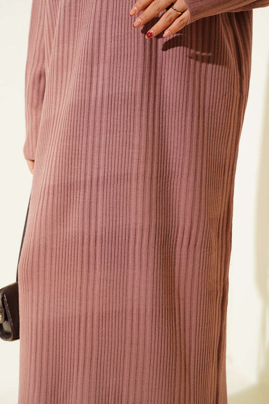 Dik Yaka Fitilli Triko Elbise Gül Kurusu