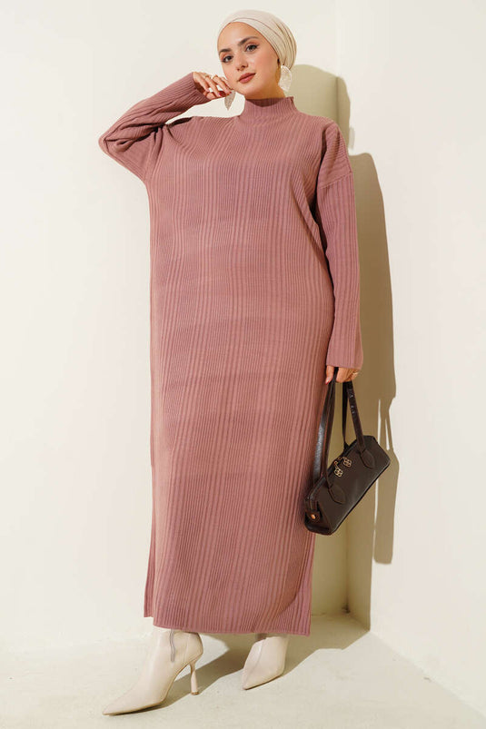 Robe en maille côtelée à col montant Rose poudré