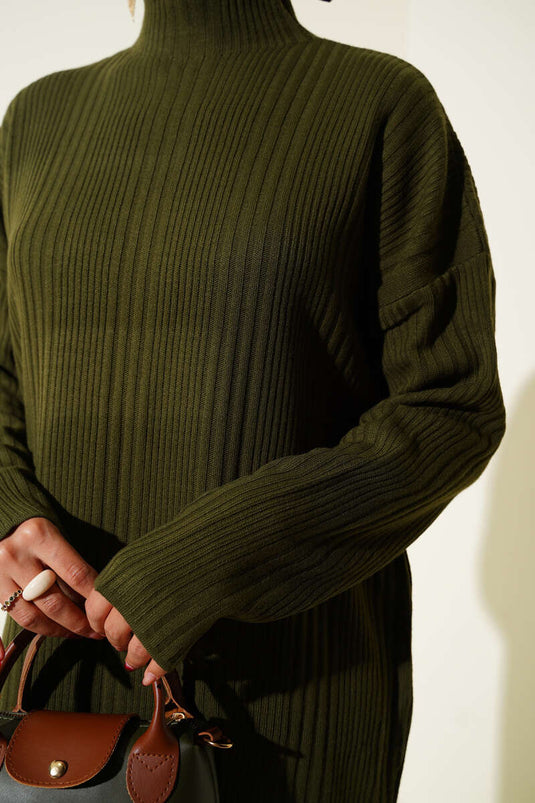High-Neck Ribbed Knit Dress, Khaki