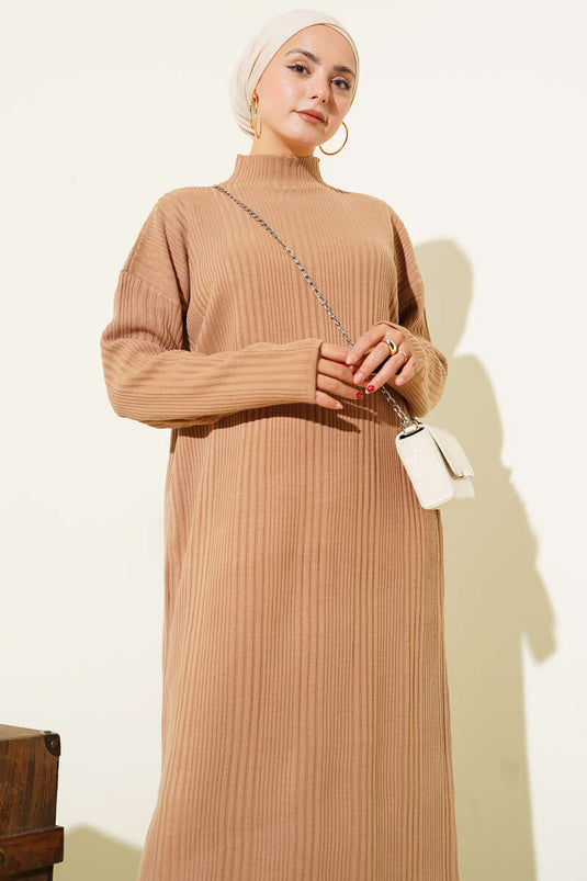 High Neck Ribbed Knit Dress Latte