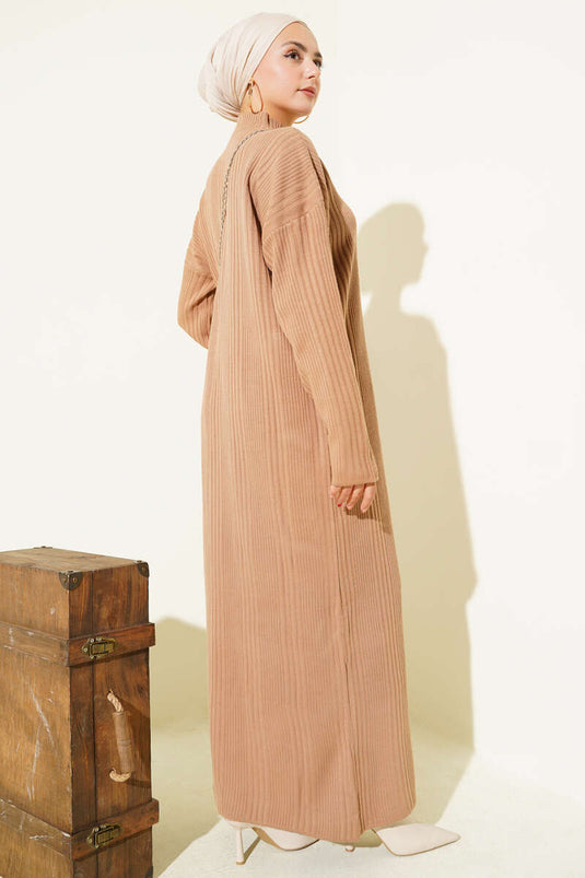 High Neck Ribbed Knit Dress Latte