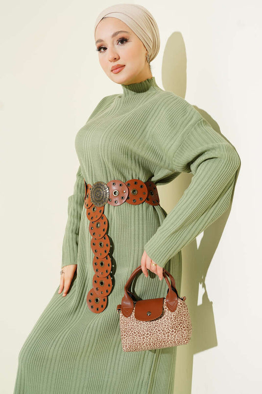 Robe en maille côtelée à col montant, vert d'eau