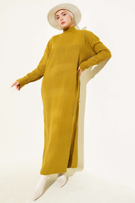 Robe En Maille Côtelée À Col Montant Vert Olive