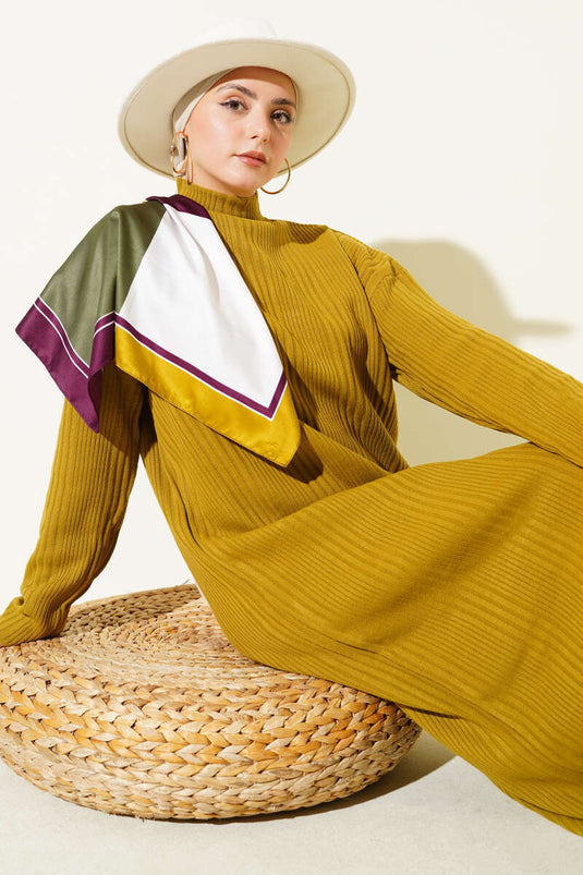 High-Neck Ribbed Knit Dress in Olive Green