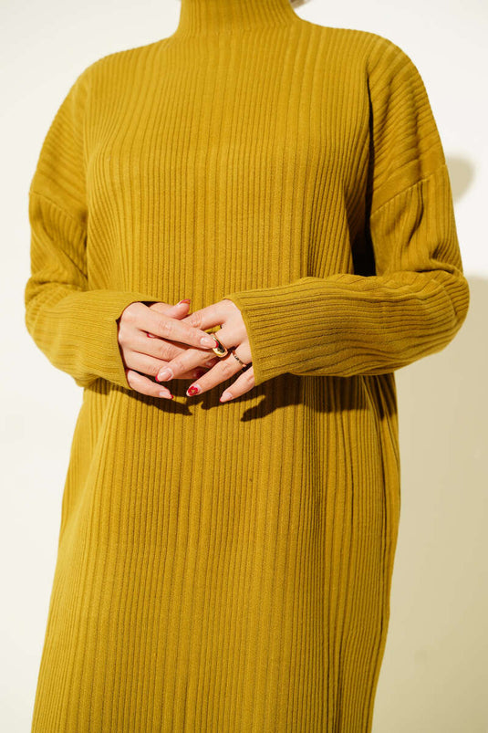 High-Neck Ribbed Knit Dress in Olive Green
