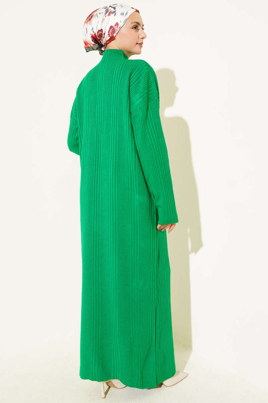 High-Neck Ribbed Knit Dress Green