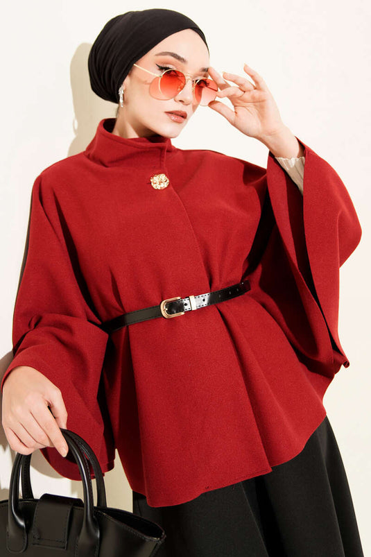 Dik Yaka Gold Düğmeli Kaşe Panço Bordo