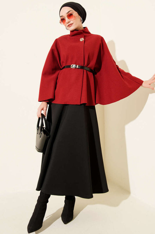 Dik Yaka Gold Düğmeli Kaşe Panço Bordo