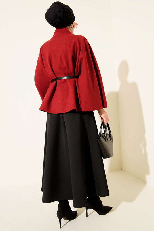 Dik Yaka Gold Düğmeli Kaşe Panço Bordo