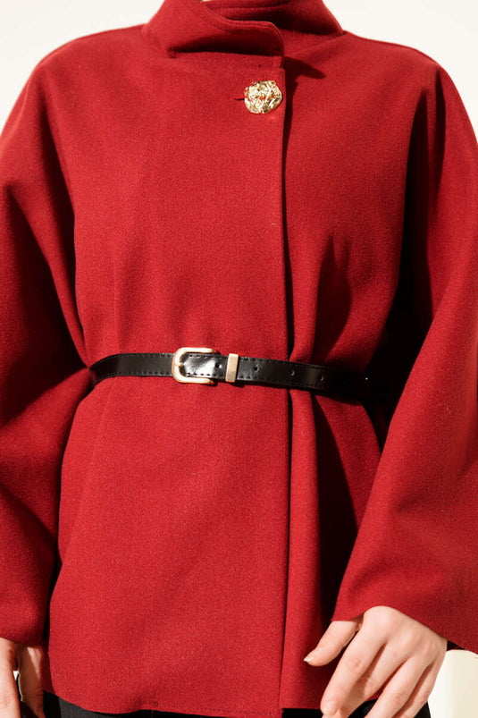 Dik Yaka Gold Düğmeli Kaşe Panço Bordo