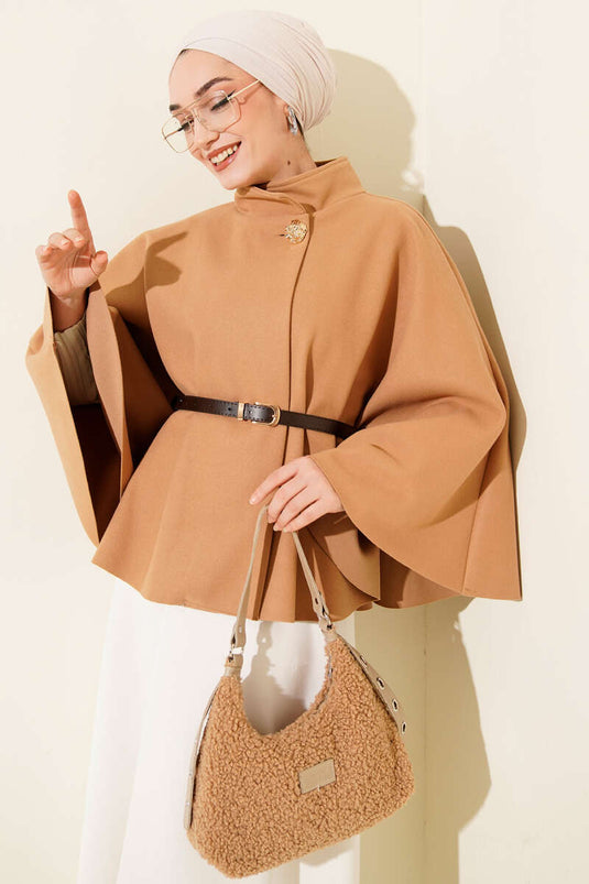 High Collar Gold Buttoned Woolen Poncho Camel