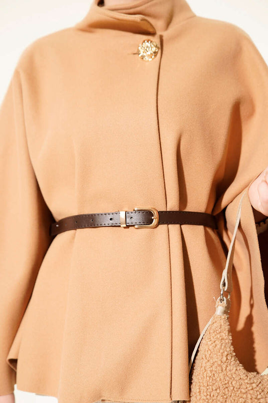 High Collar Gold Buttoned Woolen Poncho Camel